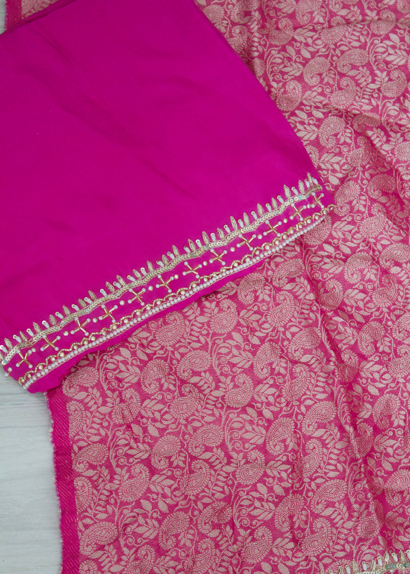 Magenta/hot pink banarsi handwork unstitch Suit