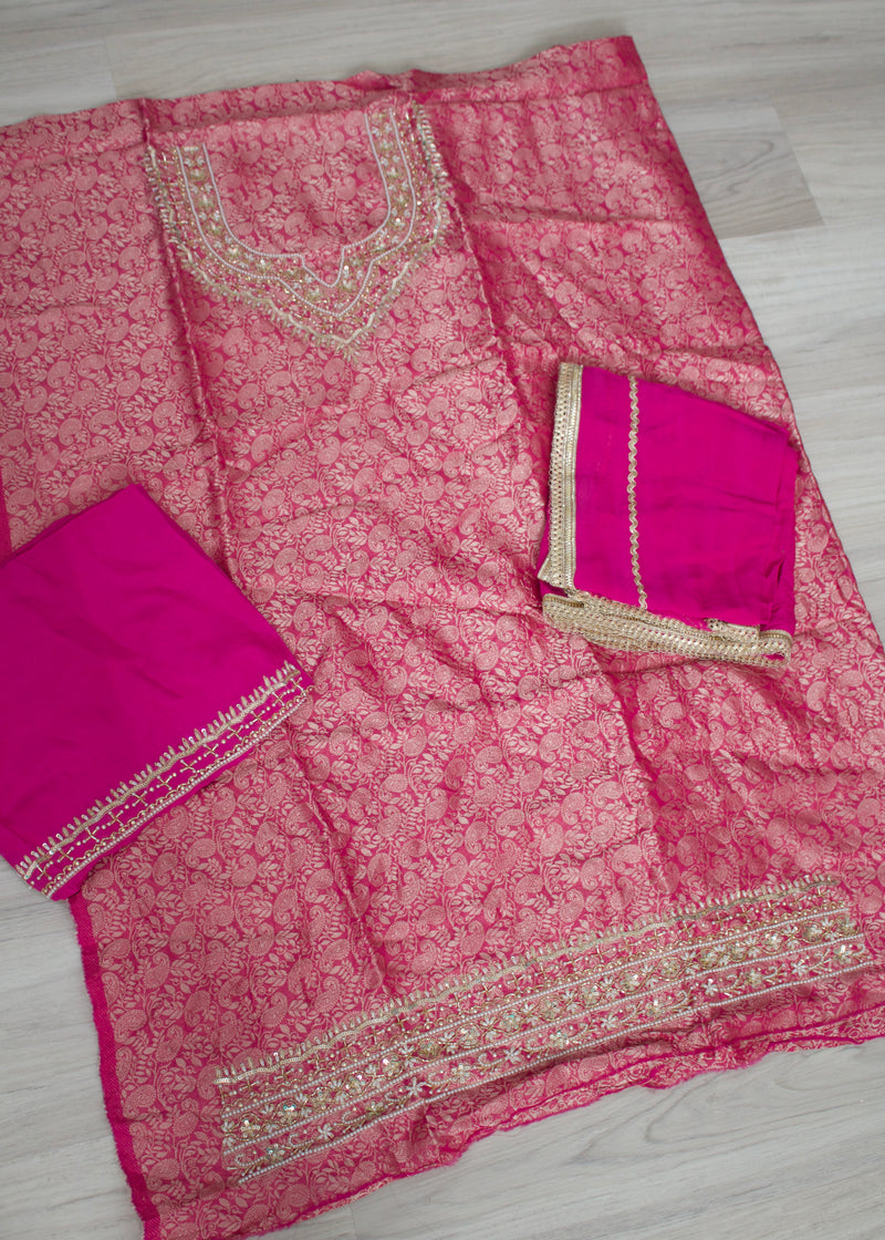 Magenta/hot pink banarsi handwork unstitch Suit