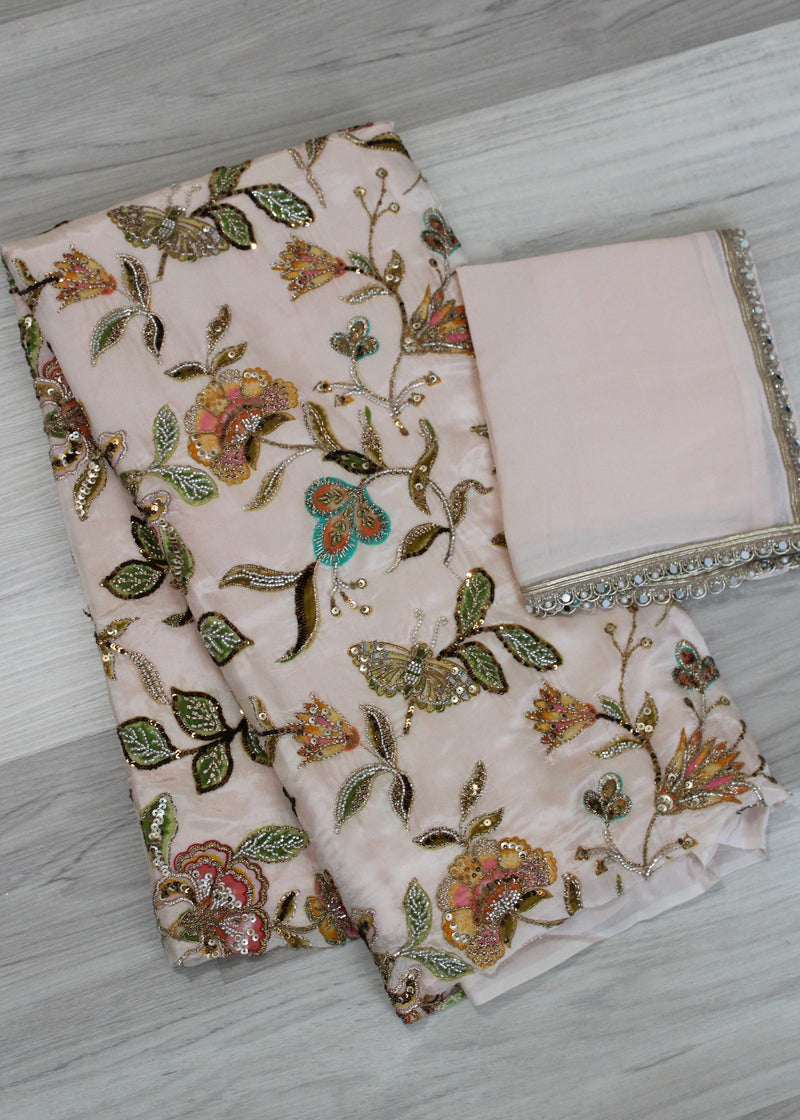 crepe Pale pink printed and embroidered unstitch suit