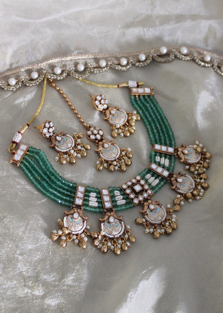 Sea green Necklace set with Bells