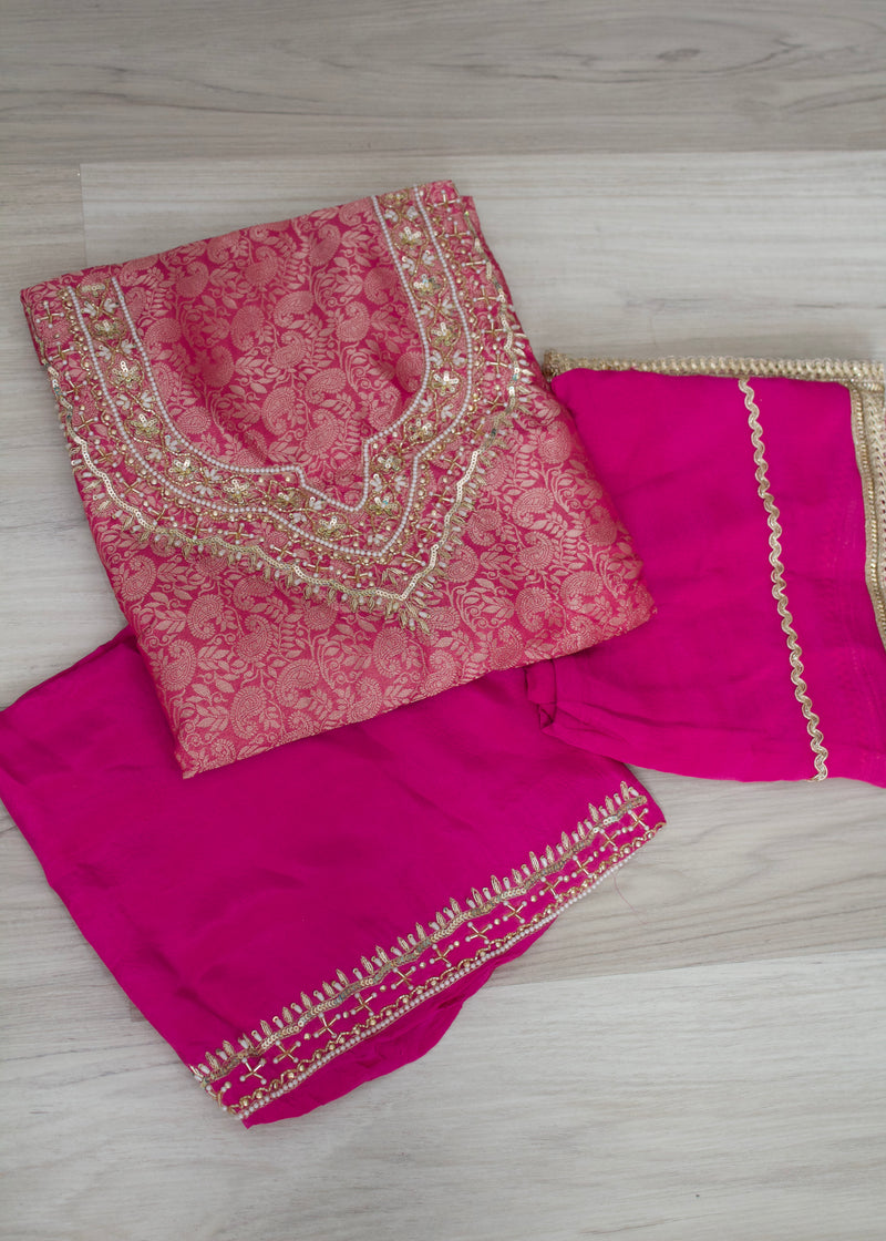 Magenta/hot pink banarsi handwork unstitch Suit