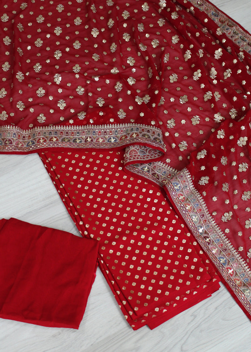 Deep Red Foil Unstitch suit with Sequins Dupatta
