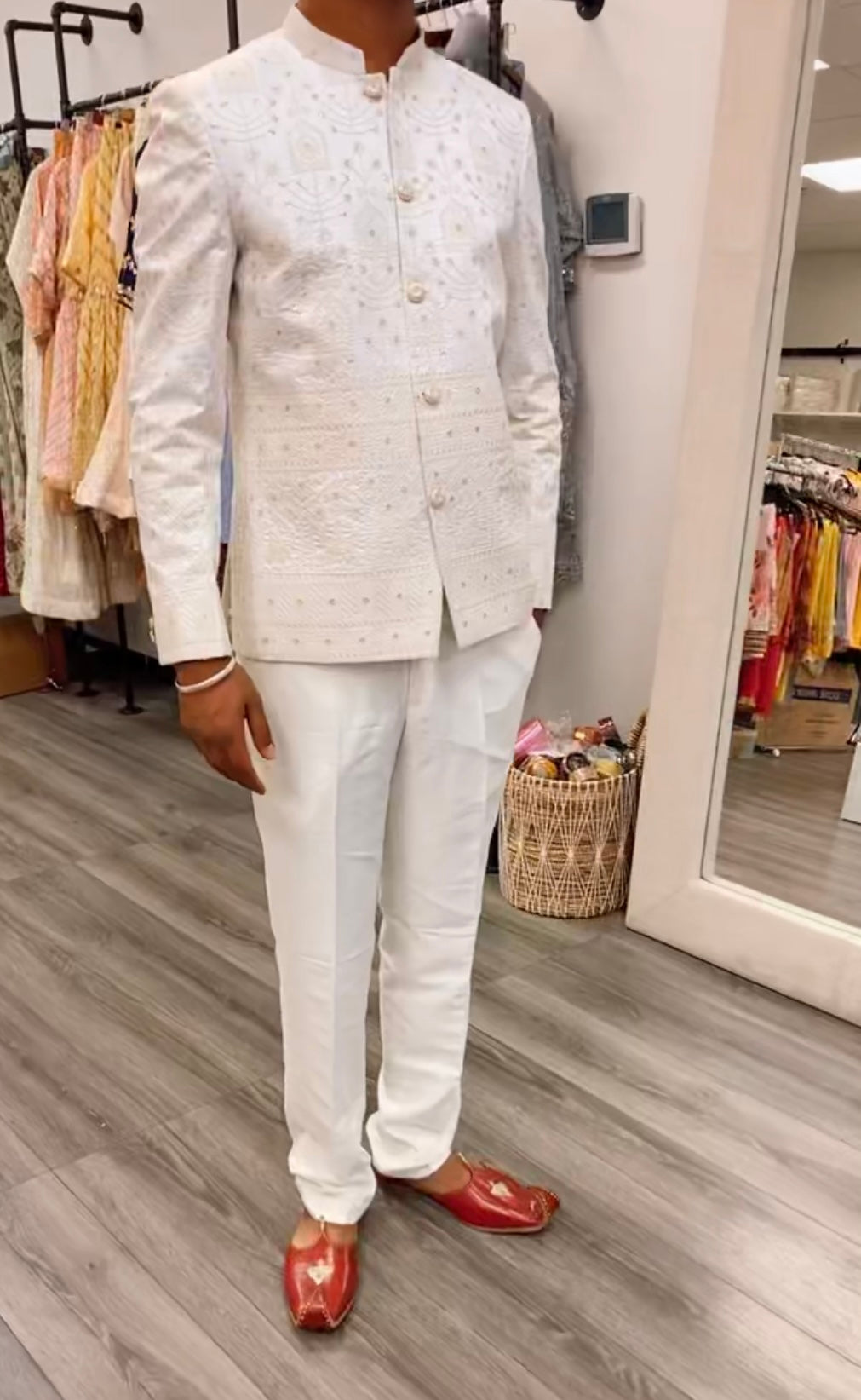 White Lucknowi Jacket and Dress Pant Set
