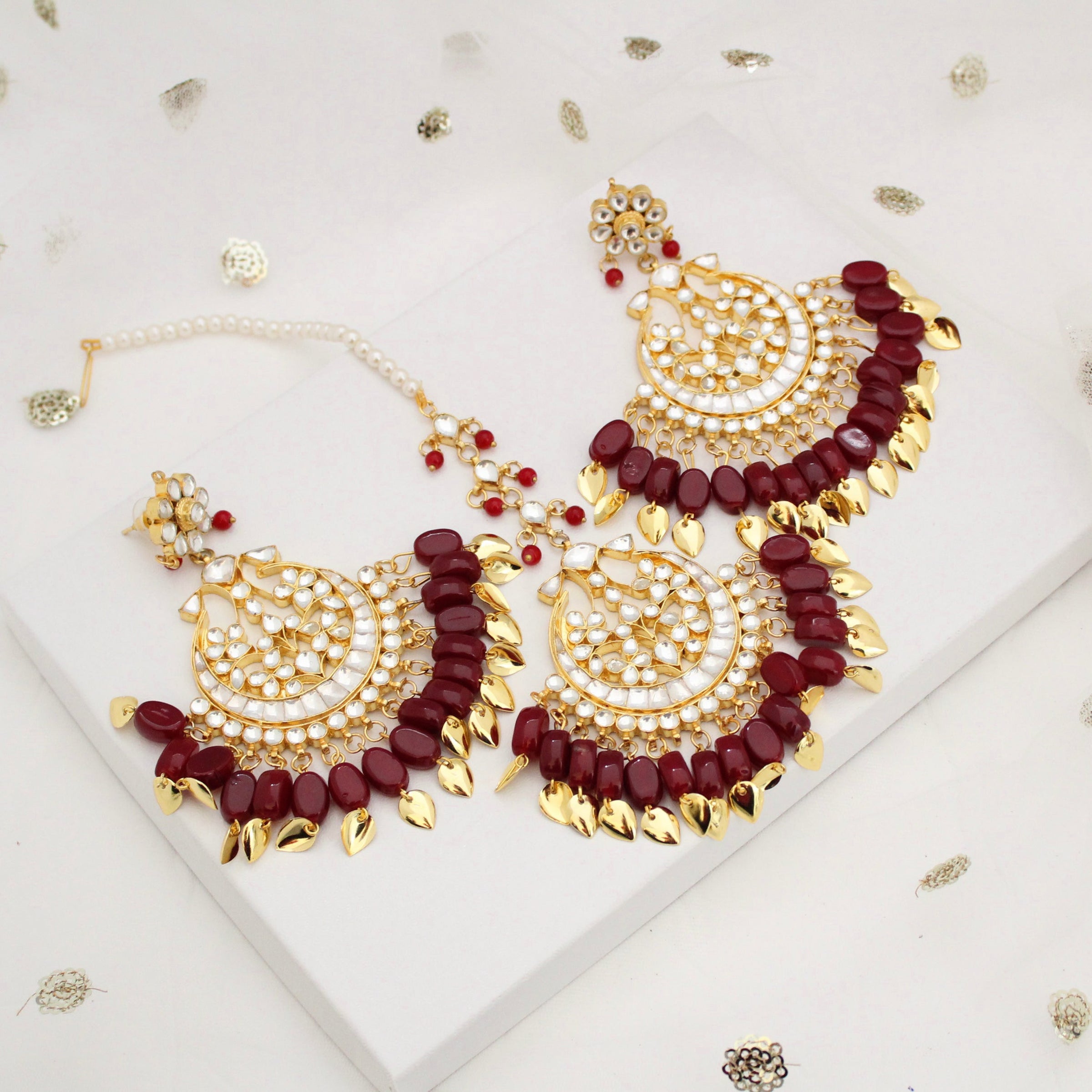 Gold Plated Beaded Peepal Patti Hoops - PINK PITCH - 2366689